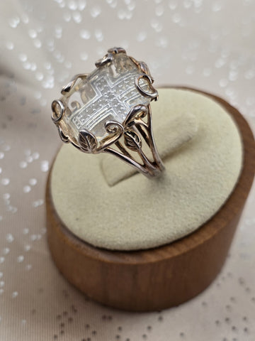 Rare Sterling Silver 925 Carved Rock Crystal Cross Intaglio Ring Statement Sz 9