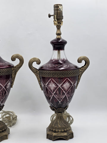 Pair Bohemian Ruby Red Crystal Lamp, Cut-to-Clear Czech Glass, Hollywood Regency