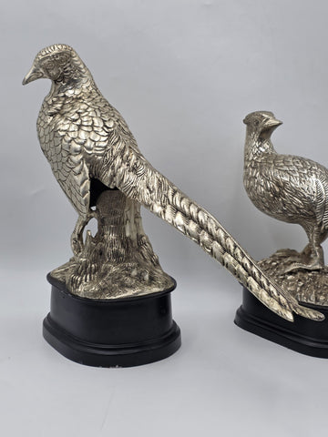 Vintage Pair XL Castilian Brass Pheasant Sculptures Cock Hen on Base 14 inch.