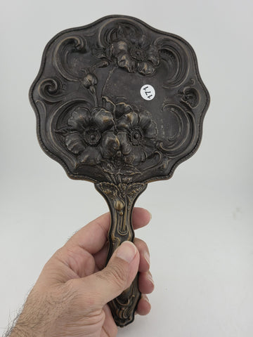 RARE ANTIQUE ART NOUVEAU SILVER PLATED HAND MIRROR REPOUSSE FLOWER DESIGN 1905