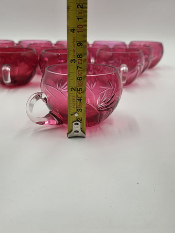 Rare 1940's Vtg Bohemian Cranberry Cut to Clear Crystal Punch Bowl Set w/13 Cups