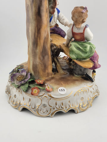ANTIQUE 19th C DRESDEN VON SCHIERHOLZ BOY & GIRL ON SEESAW FIGURINE. 10.5 in.