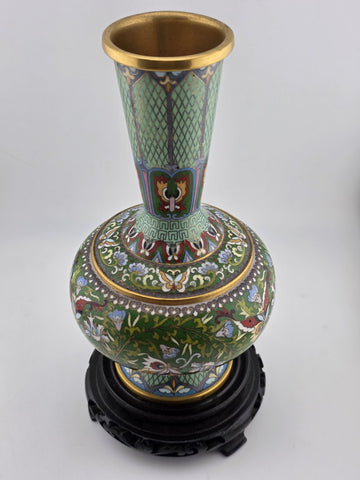 Gorgeous Mid Century Chinese Cloisonne Vase Featuring Flowers & Butterflies