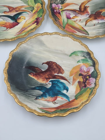 SET OF 3 ANTIQUE LIMOGES FRANCE LRL HAND PAINTED BIRDS CABINET PLATE SIGNED