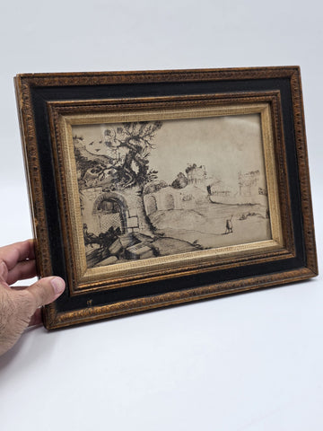 Rare Antique Framed Etching After Guercino "Ravine and Pool" Landscape Print