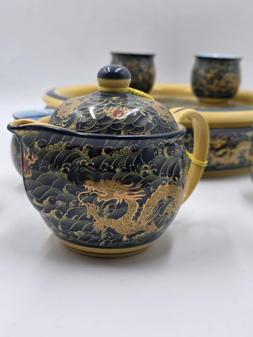 Chinese Qianlong Mark Porcelain Dragon Gongfu Tea Set Teapot 6 Cups Tray. New.