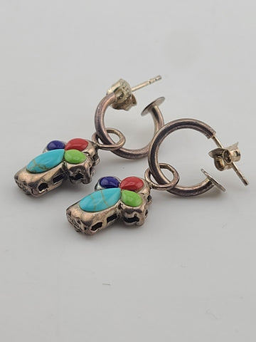 Rare OOAK Sterling Silver Southwestern Inlay Cross Dangle Hoop Earrings 925