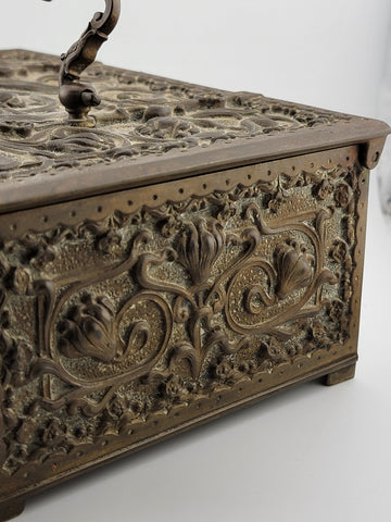 Antique Victorian Renaissance 1880 German Brass Repousse Jewelry Casket/ Trinket