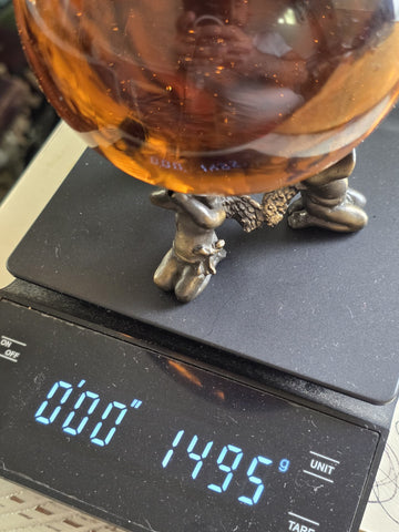 Vintage Amber Glass Crystal Ball Sphere w/ Brass Cherub Putti Base 4” Inch Dia.