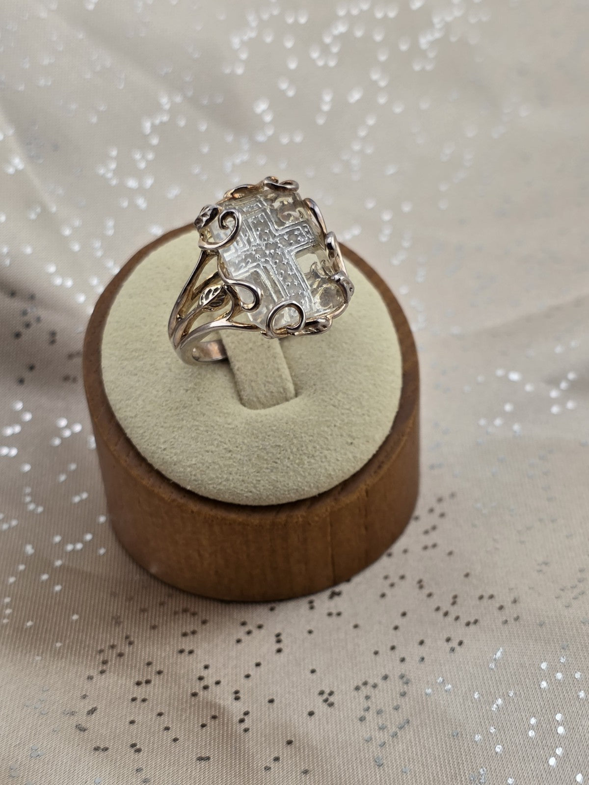 Rare Sterling Silver 925 Carved Rock Crystal Cross Intaglio Ring Statement Sz 9