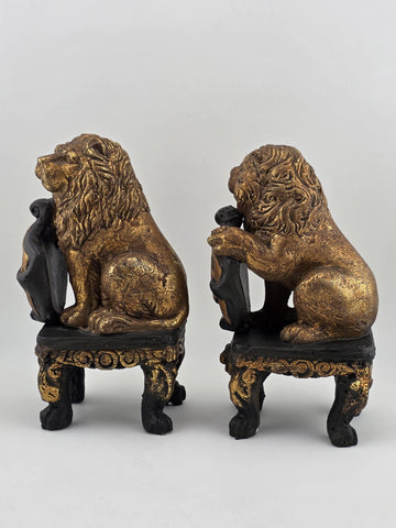 Pair Antique Carved Wood Heraldic Lions Bookends Fleur-de-Lis Shield Gold &Black