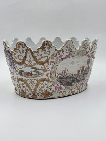 Chinese Export Porcelain Jardiniere C 1920 European Harbor Scene Gilt Cachepot