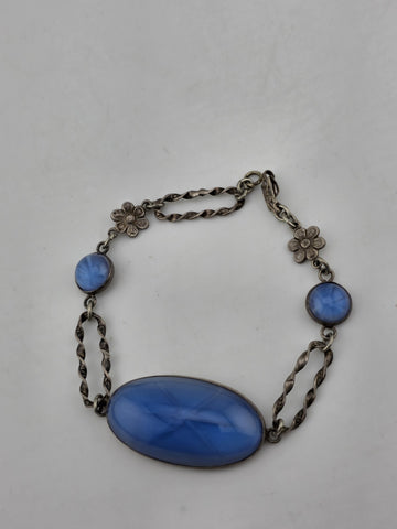 Vintage Gorgeous Art Deco Sterling Silver Faux Star Sapphire  Glass Bracelet
