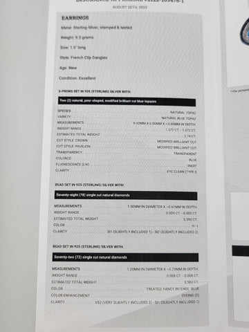 Gorgeous Set Of Natural Blue Topaz & Natural Cut Diamonds Earings W Certificate