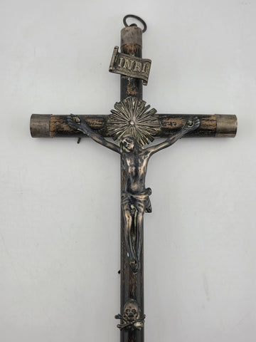 Antique 19th C Crucifix Metal Jesus On Wood Cross W Rare Tips Memento Mori Skull