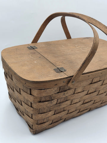 Antique C 1920's Picnic Basket 1" Woven Slats Naturally Aged Patina  Handles Lid