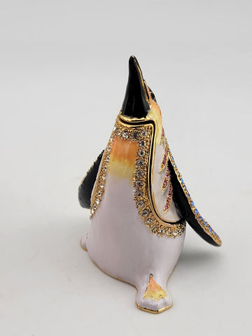Vintage Penguin Treasure Inside Enameled Rhinestone Trinket Box In Original Box.