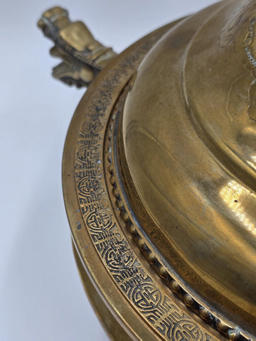 Antique Chinese Brass Dragon Handle Lidded Tureen Qing Hot Pot with Foo Dog Lid