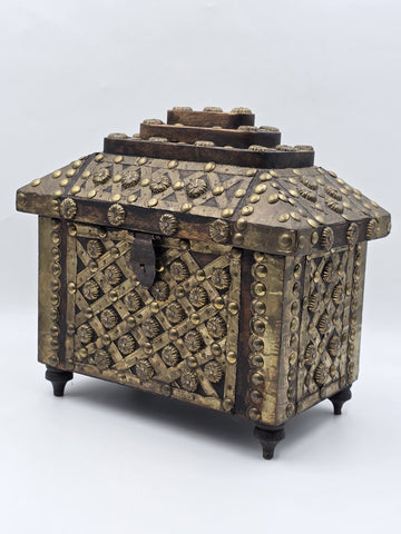 Rare Antique Moroccan Moorish Brass Studded Jewelry Chest Box Islamic Decor
