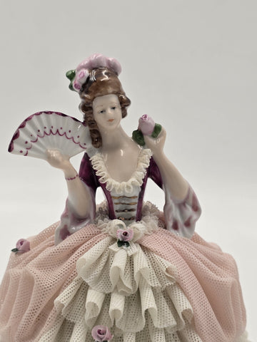 Vintage German Dresden Style Porcelain Lace Lady Figurine Fan Rose 7"