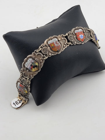 Vintage Silver Pewter &Enamel Souvenir Bracelet Spain & Portugal Shield Flags 8"