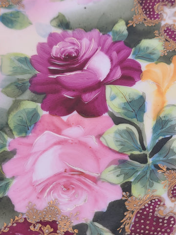 Antique Royal Kinran Nippon HandPainted Platter Moriage Pink Yellow Rose Gold