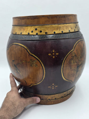 Antique Asian Hand Painted Rice Barrel Wooden Lidded Storage Bucket Bird Pagoda