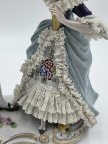 Vintage German Dresden Lace Porcelain Courting Couple Figurine Hand Painted 7.5"