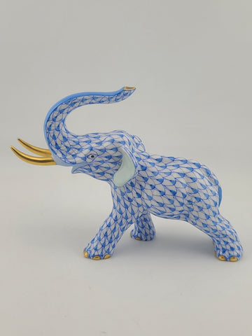 Herend Blue Fishnet Charging Elephant Figurine VHB Artist Signed Vecsey Tamas