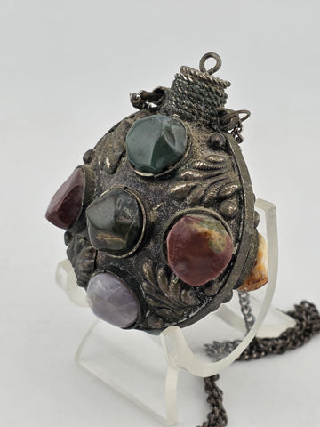 Antique 1900 Imperial Russian Brass & Stone Perfume Bottle Vial Pendant Necklace