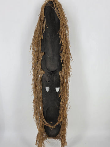 Vintage 40” West African Hand Carved Wood Mask Raffia Fringe Tribal Wall Art