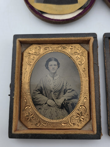 Pair Of Antique Ambrotype Portrait Lot Civil War Era Victorian Cases Gold Mat