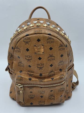 Rare MCM Stark Side & Top Studs Backpack In Cognac Visetos Coated Canvas W5914