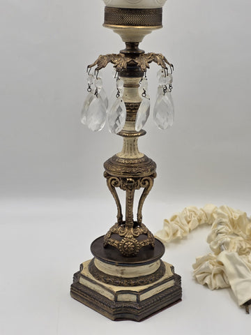 Antique Victorian Converted Table Lamp Etched Glass Shade Prism Drops 24"