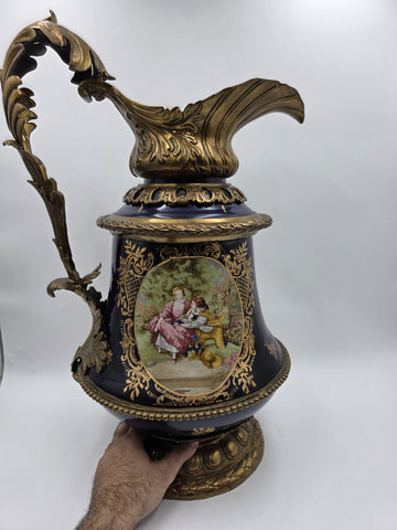 Antique French Cobalt Blue Porcelain &Brass Ewer Fragonard Scene Gilt Bronze 23"