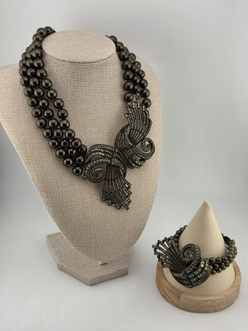 Rare Vintage Heidi Daus Statement Necklace & Bracelet, Chunky Black Faux Pearls