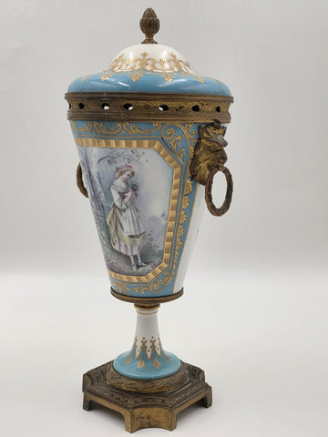 Antique 19th C Louis XV Style Sevres Porcelain Vase W Gold Gilt Ormolu Mounts.
