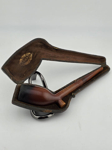 ANTIQUE VICTORIAN ERA MONOGRAMMED CASED MEERSCHAUM PIPE, AMBER LONG STEM. READ.