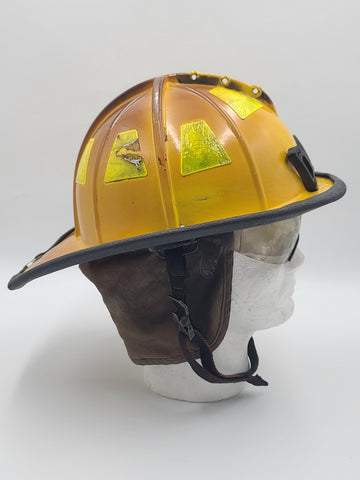 MSA Cairns 1044 2015 Yellow Firefighter Helmet Front Visor. Seen Fire Action.