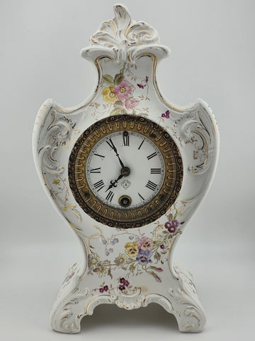 Antique 19th C Ansonia Royal Bonn China Porcelain Floral Shelf Clock Great Cond.