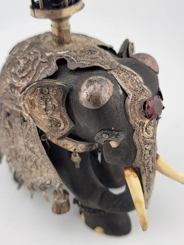 Rare Antique Indian Ebony Silver Overlay Jeweled Elephant W Real Ruby Stone.