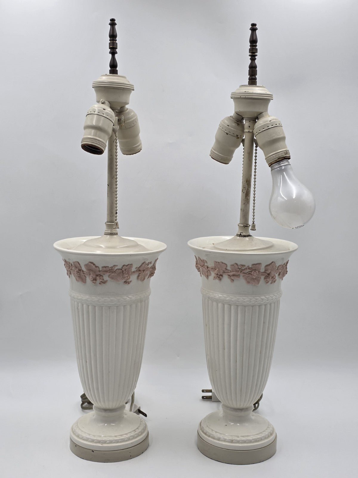 Pair Wedgwood Queensware Jasperware Cream Pink Grapevine Relief Table Lamps 24"