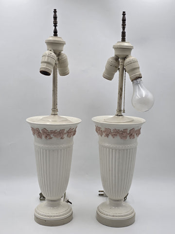 Pair Wedgwood Queensware Jasperware Cream Pink Grapevine Relief Table Lamps 24"