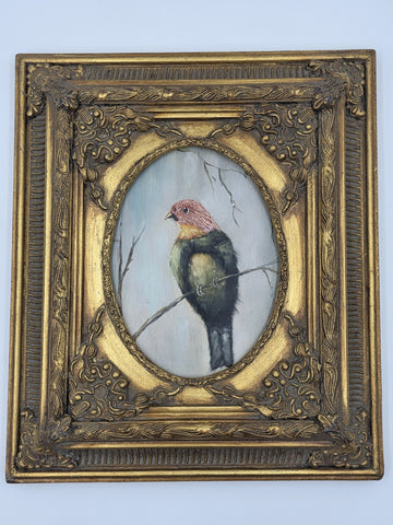 Antique Gilt Baroque Style Wood Framed Bird Painting On Wooden Oval Panel Decor.