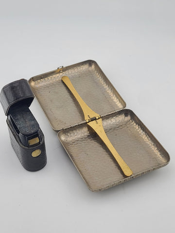 Set Of Antique Leather Wraped Push Button Vesta Case Match Safe W Cigarette Case