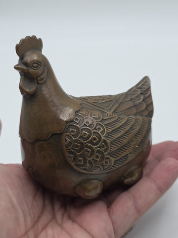 Pair Antique Chinese Bronze Rooster Hen Chicken Figures Qianlong Mark Auspicious