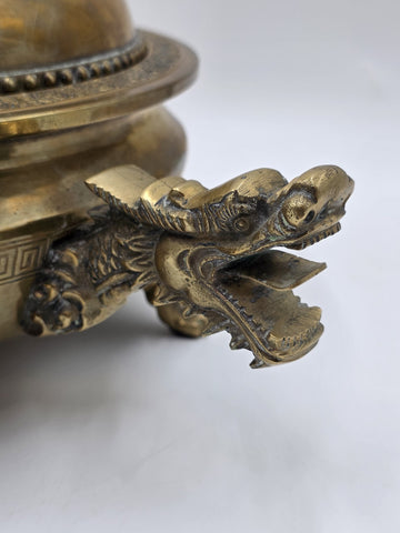 Antique Chinese Brass Dragon Handle Lidded Tureen Qing Hot Pot with Foo Dog Lid