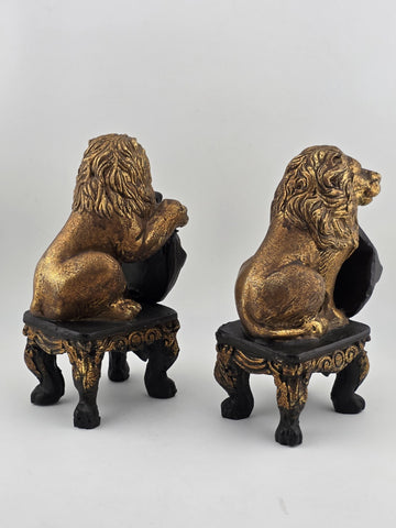 Pair Antique Carved Wood Heraldic Lions Bookends Fleur-de-Lis Shield Gold &Black