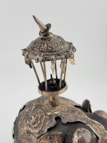 Rare Antique Indian Ebony Silver Overlay Jeweled Elephant W Real Ruby Stone.