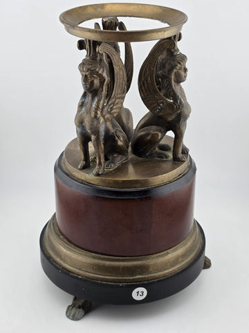 Antique Empire Revival Bronze Sphinx Jardiniere Stand on Marble Base W Glass Orb